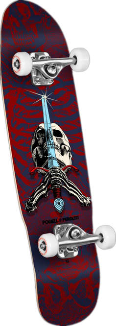 COMPLETE SKATEBOARD POWELL PERALTA MINI SKULL AND SWORD BLUE/RED 8" x 30"